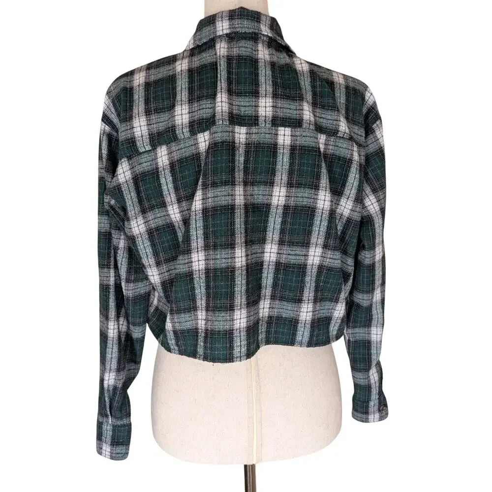 Hyfve Womens Button Up Long Sleeve Jacket Cropped Size Small Flannel Plaid Green